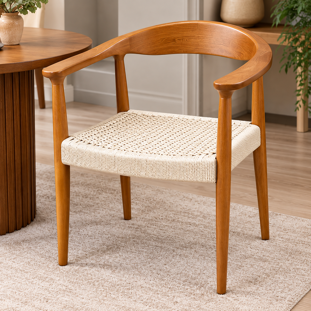 Modern Wooden Arm Dining Chair with Cream Woven Rope Seat