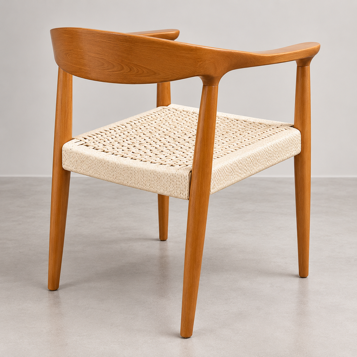 Modern Wooden Arm Dining Chair with Cream Woven Rope Seat