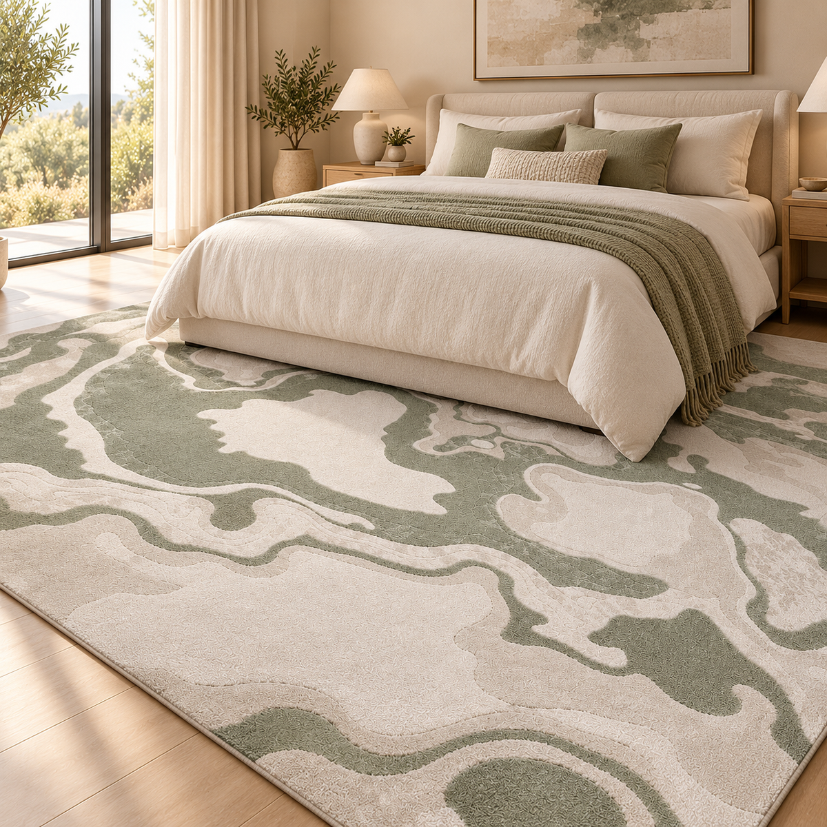 Modern Abstract Marble Pattern Carpet – Sage Green & Beige | 200 × 300 cm