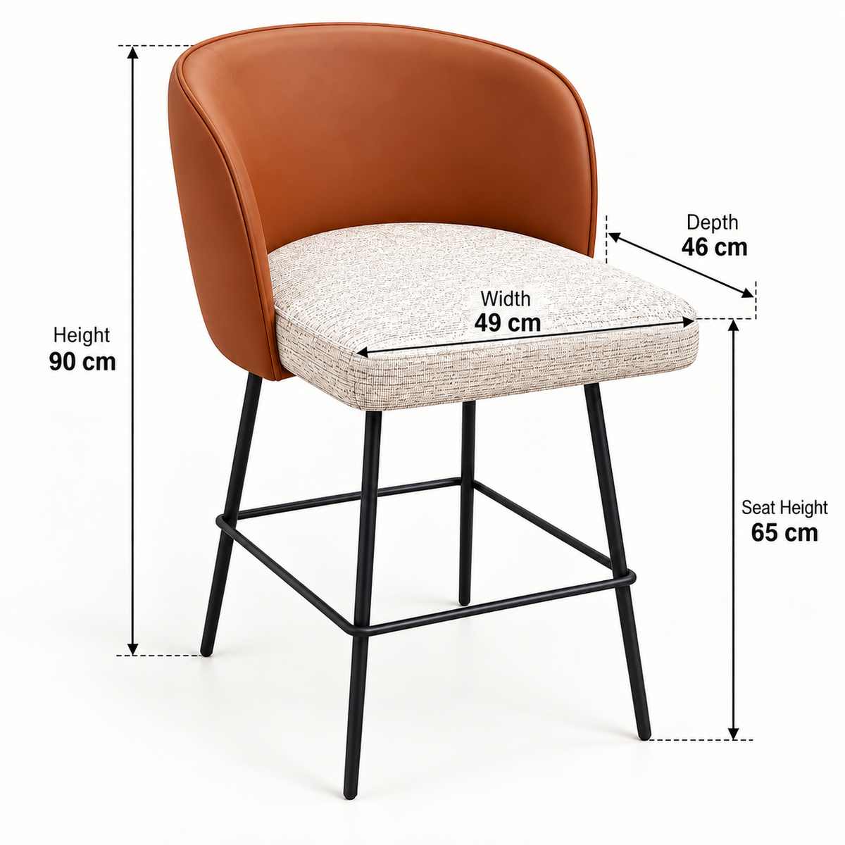 Modern Cognac Faux Leather & Beige Fabric Bar Stool 65cm | SHAGHAF HOME UAE