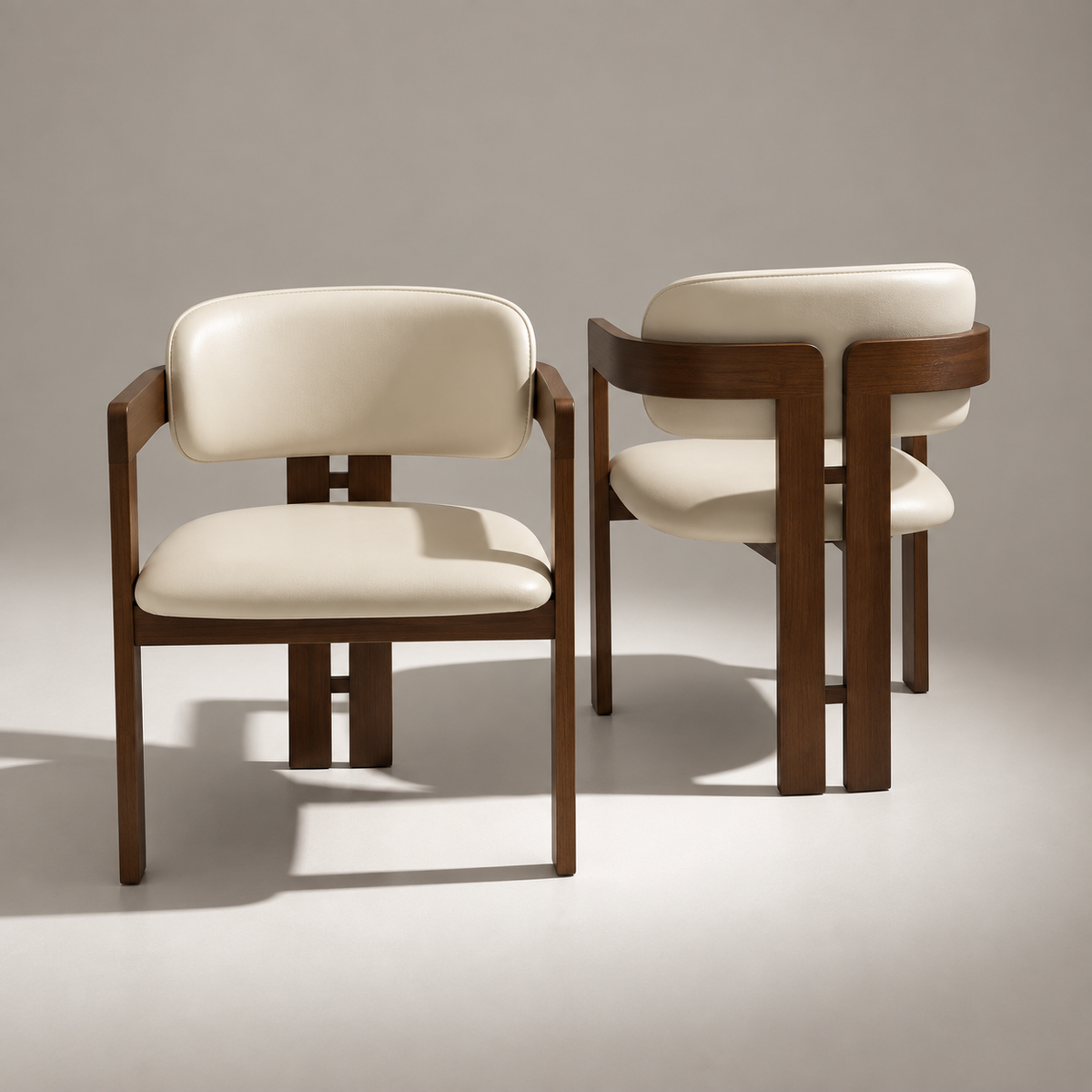 Modern Natural Wood Dining Armchair with Cream Artificial Leather