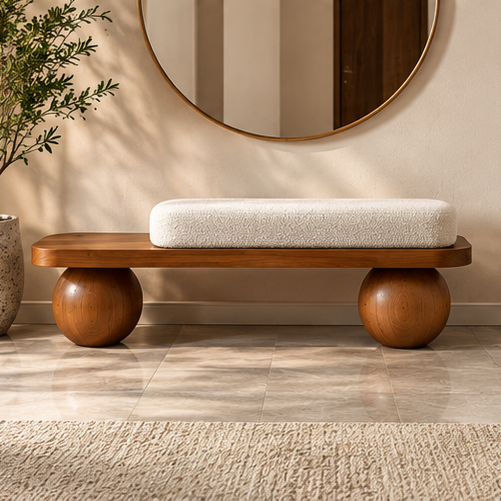 Modern Wooden Bench with White Bouclé Cushion & Round Ball Legs – Walnut Brown 