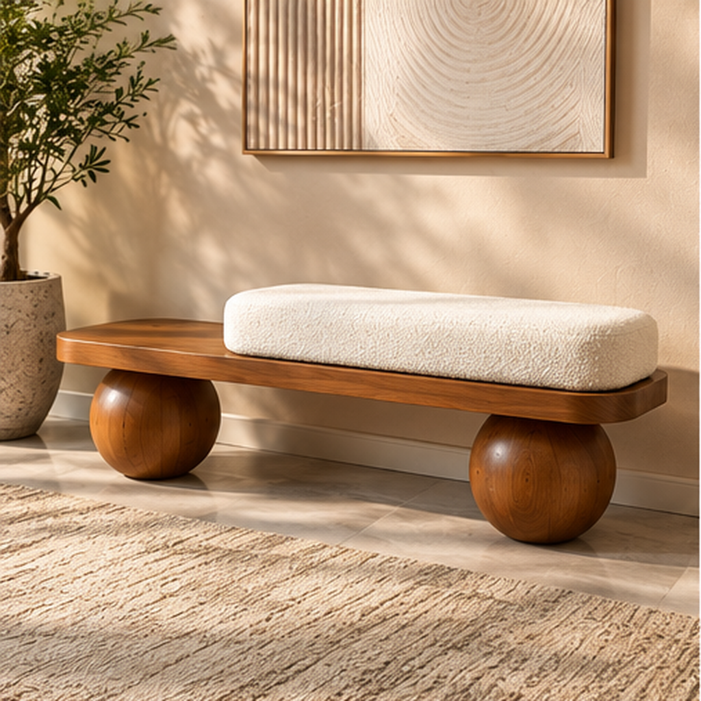 Modern Wooden Bench with White Bouclé Cushion & Round Ball Legs – Walnut Brown 