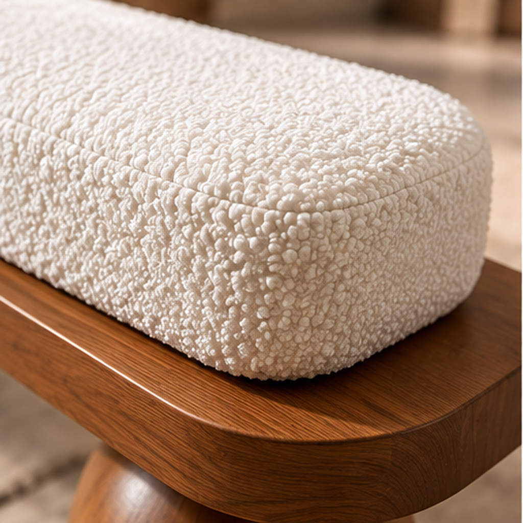 Modern Wooden Bench with White Bouclé Cushion & Round Ball Legs – Walnut Brown 