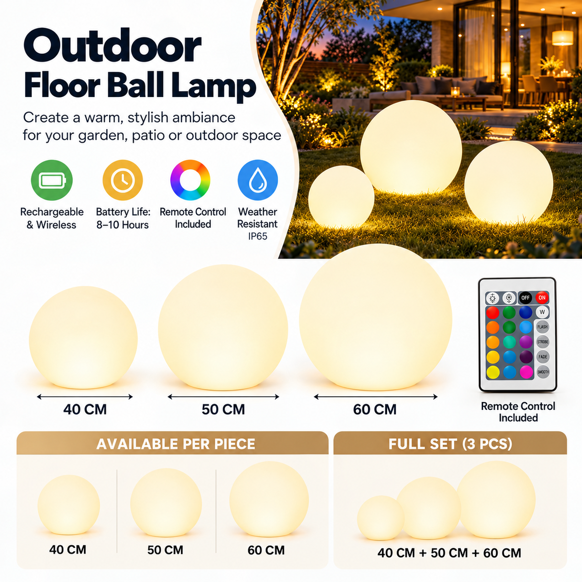 Rechargeable RGB Outdoor Floor Ball Lamp with Remote