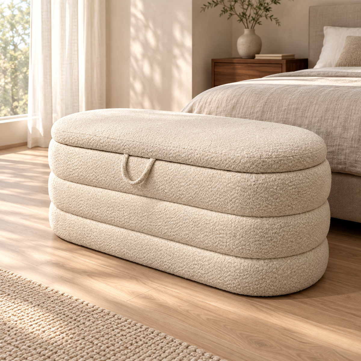 Rounded Boucle Storage Bench – Cream