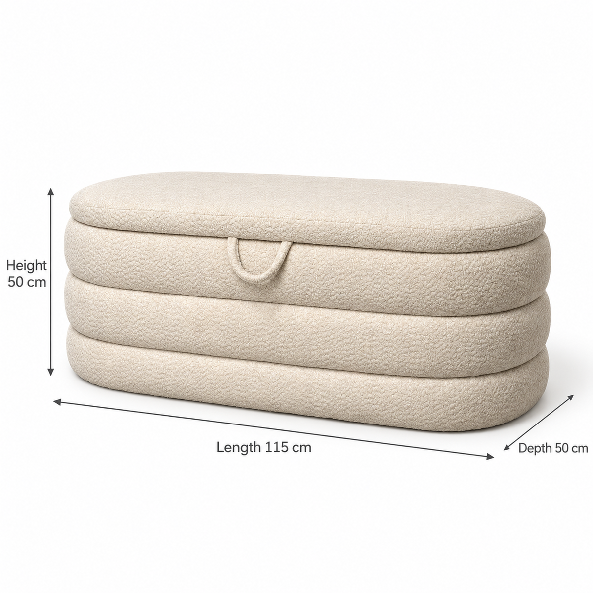 Rounded Boucle Storage Bench – Cream