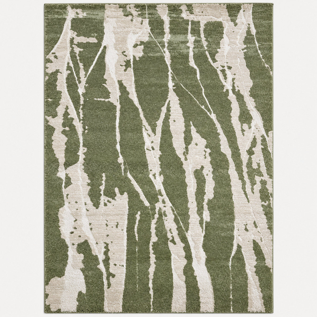 Shop the sage green and cream abstract rug at SHAGHAF HOME UAE. Modern area carpet available in 200x300 and 250x350 cm for living rooms and bedrooms.