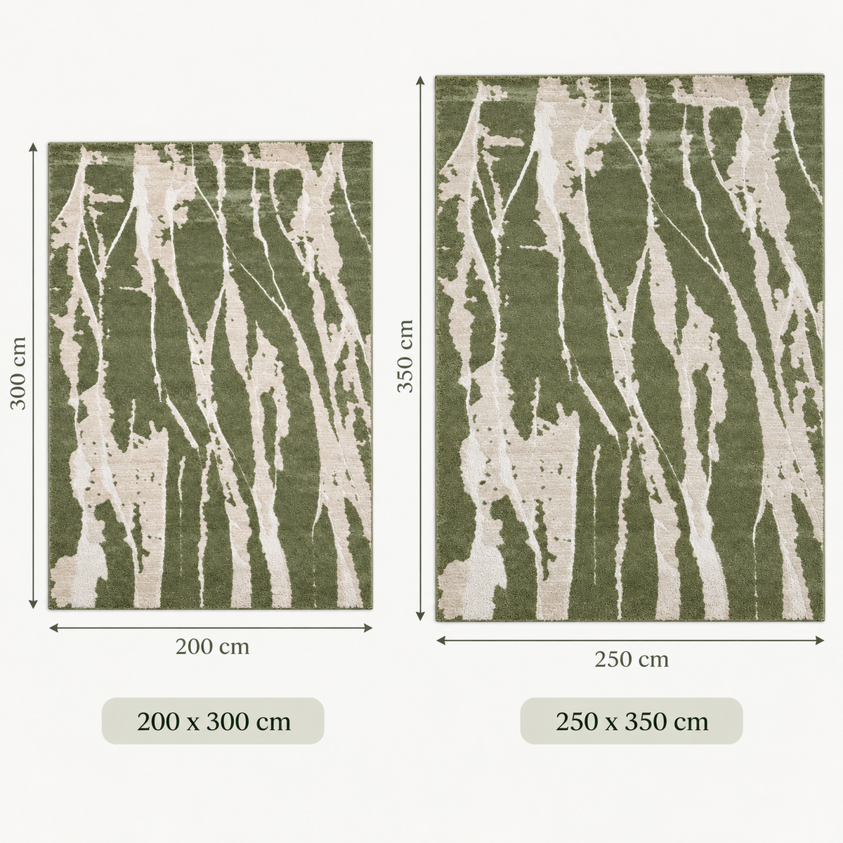 Shop the sage green and cream abstract rug at SHAGHAF HOME UAE. Modern area carpet available in 200x300 and 250x350 cm for living rooms and bedrooms.