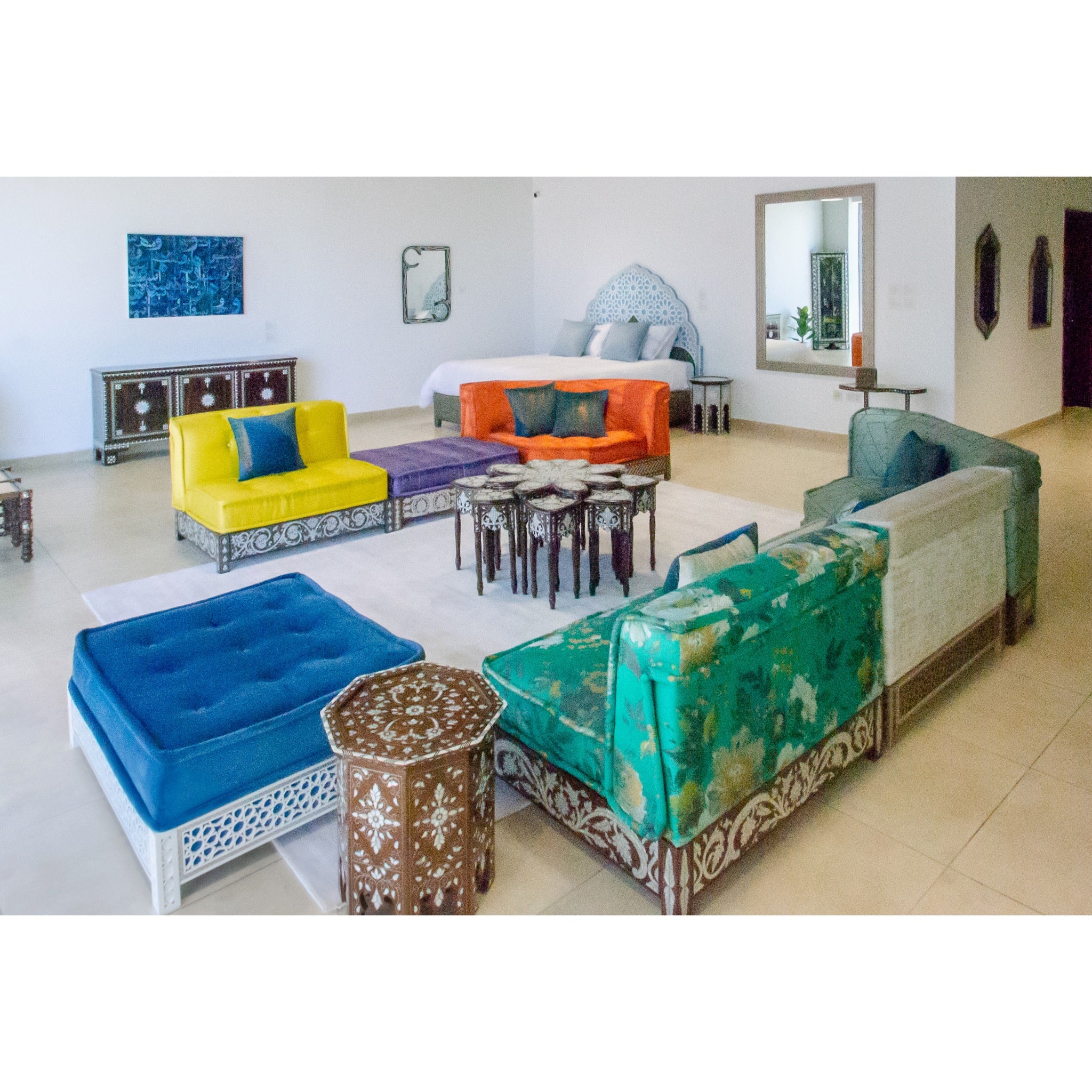 Damascus Mother of Pearl Ottoman - Blue Suede Upholstery