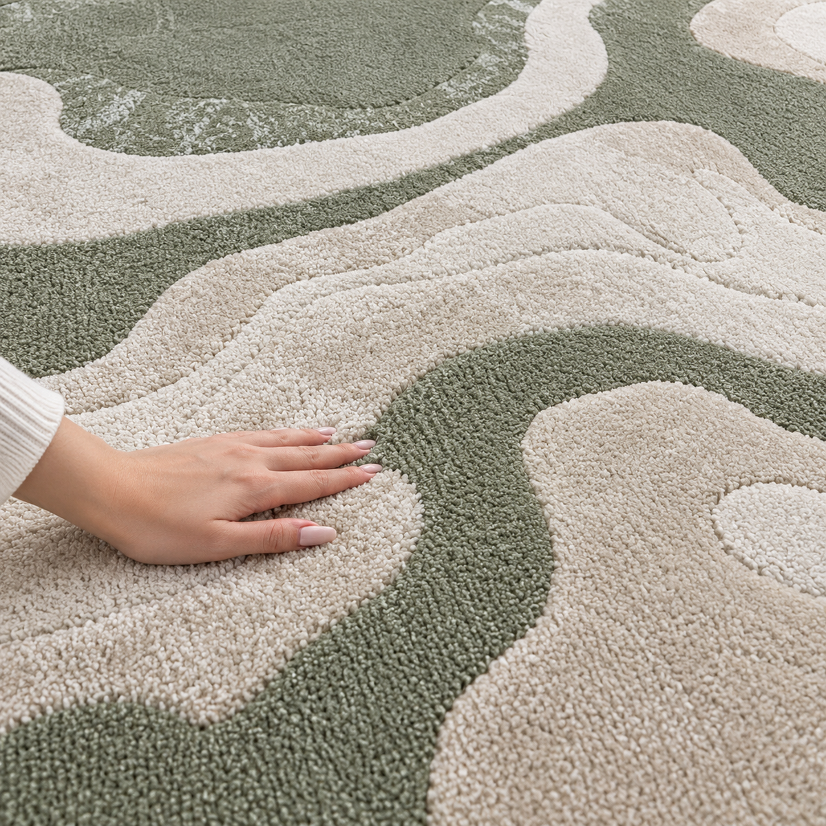 Modern Abstract Marble Pattern Carpet – Sage Green & Beige | 200 × 300 cm