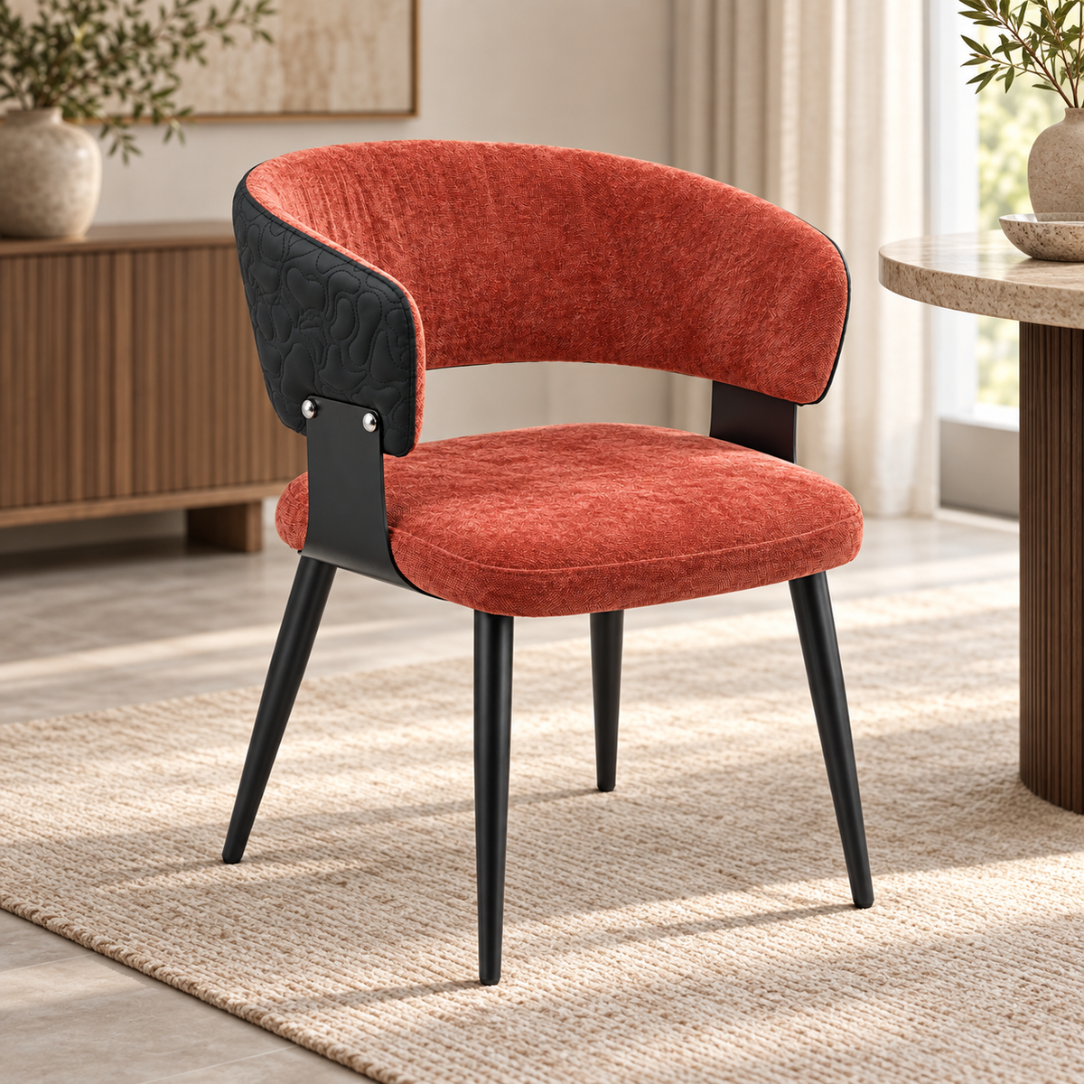 Terracotta Upholstered Dining Armchair with Black Metal Legs