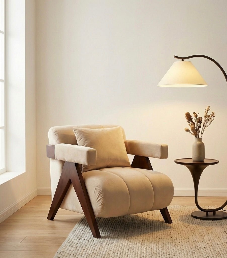 Auro Sculpted Accent Chair – Solid Wood & Soft Beige Upholstery - SHAGHAF HOME