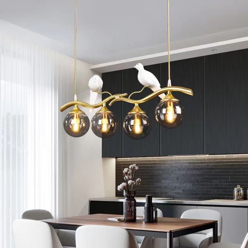 Bird Branch Chandelier with Amber Glass Globes – 4 Lights - SHAGHAF HOME