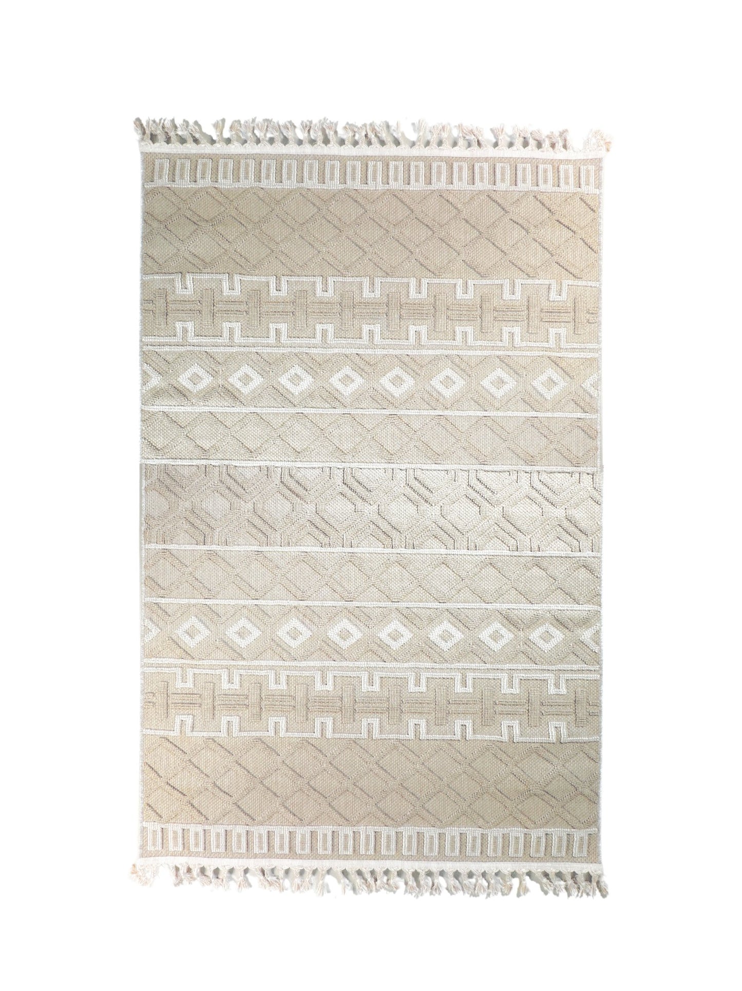 Boho Geometric Beige Rug – Handwoven Textured Design with Fringe - SHAGHAF HOME