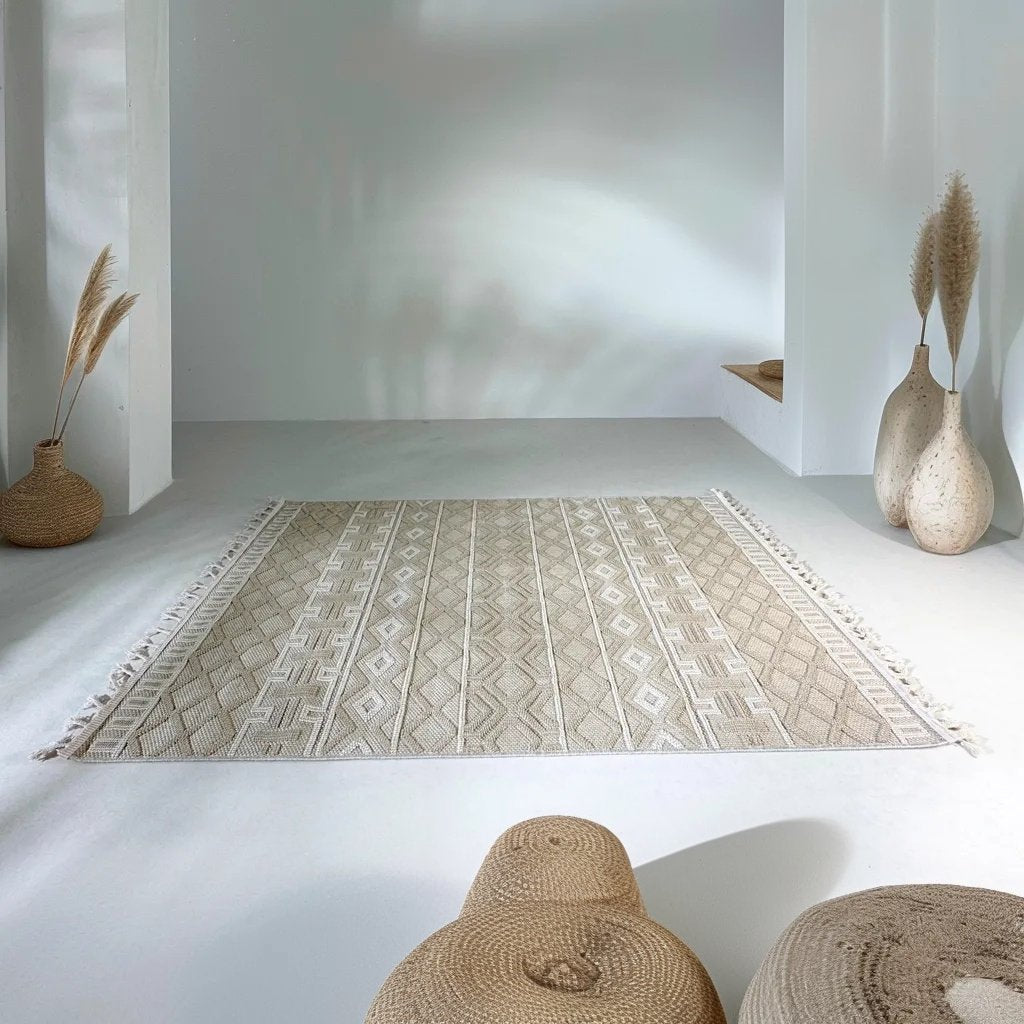 Boho Geometric Beige Rug – Handwoven Textured Design with Fringe - SHAGHAF HOME