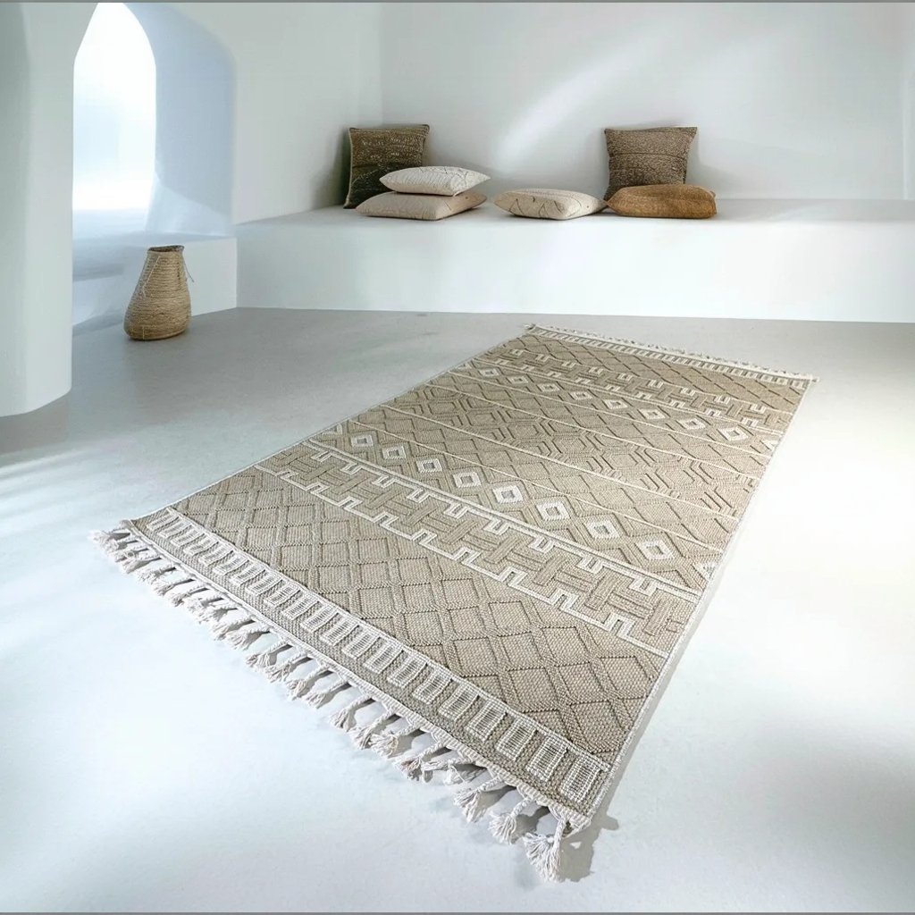 Boho Geometric Beige Rug – Handwoven Textured Design with Fringe - SHAGHAF HOME