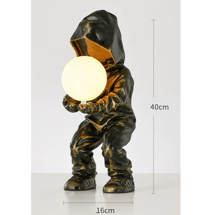 Cosmic Glow Hooded Sculpture Lamp – Black Resin with White Globe - SHAGHAF HOME