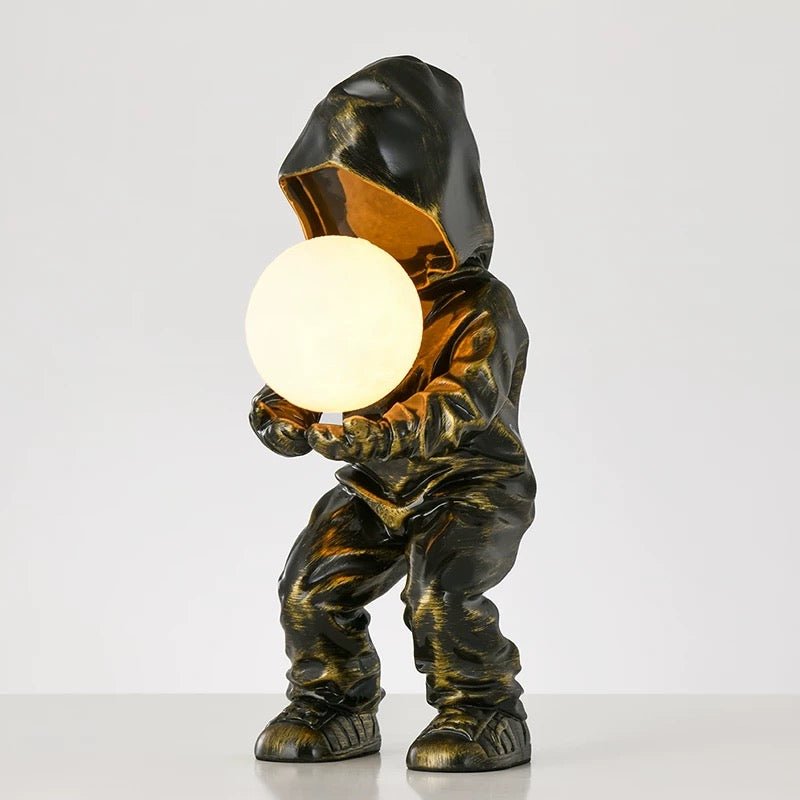 Cosmic Glow Hooded Sculpture Lamp – Black Resin with White Globe - SHAGHAF HOME