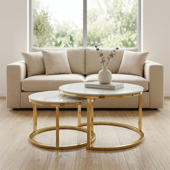 Cozy Nesting Coffee Table Set — Stainless Steel & Ceramic Top (2 pcs ...