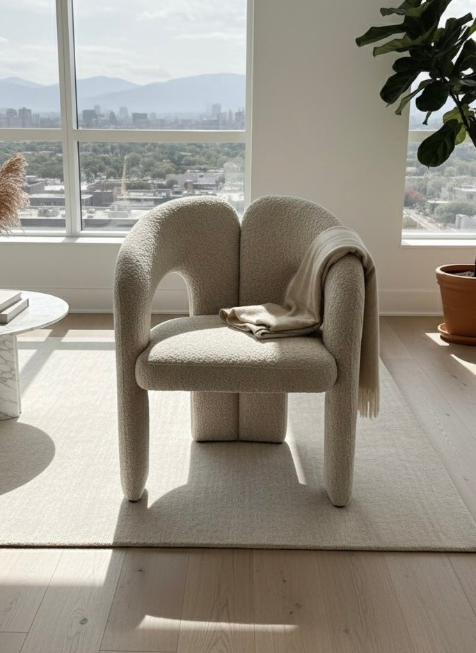 Curved Bouclé Accent Chair in Light Beige – Modern Elegance & Sculptural Comfort - SHAGHAF HOME