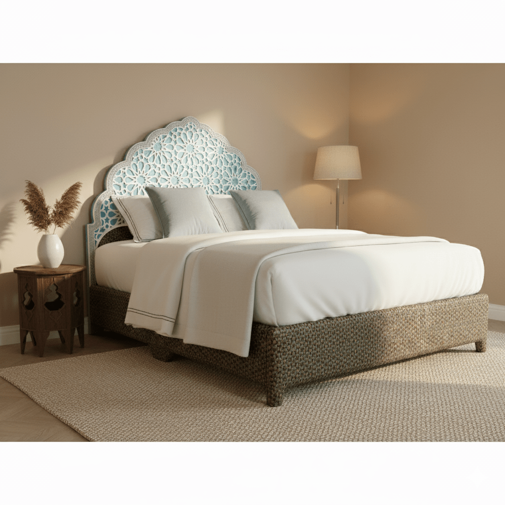 Damascus King Bed Frame with Mother of Pearl Headboard - Blue - SHAGHAF HOME