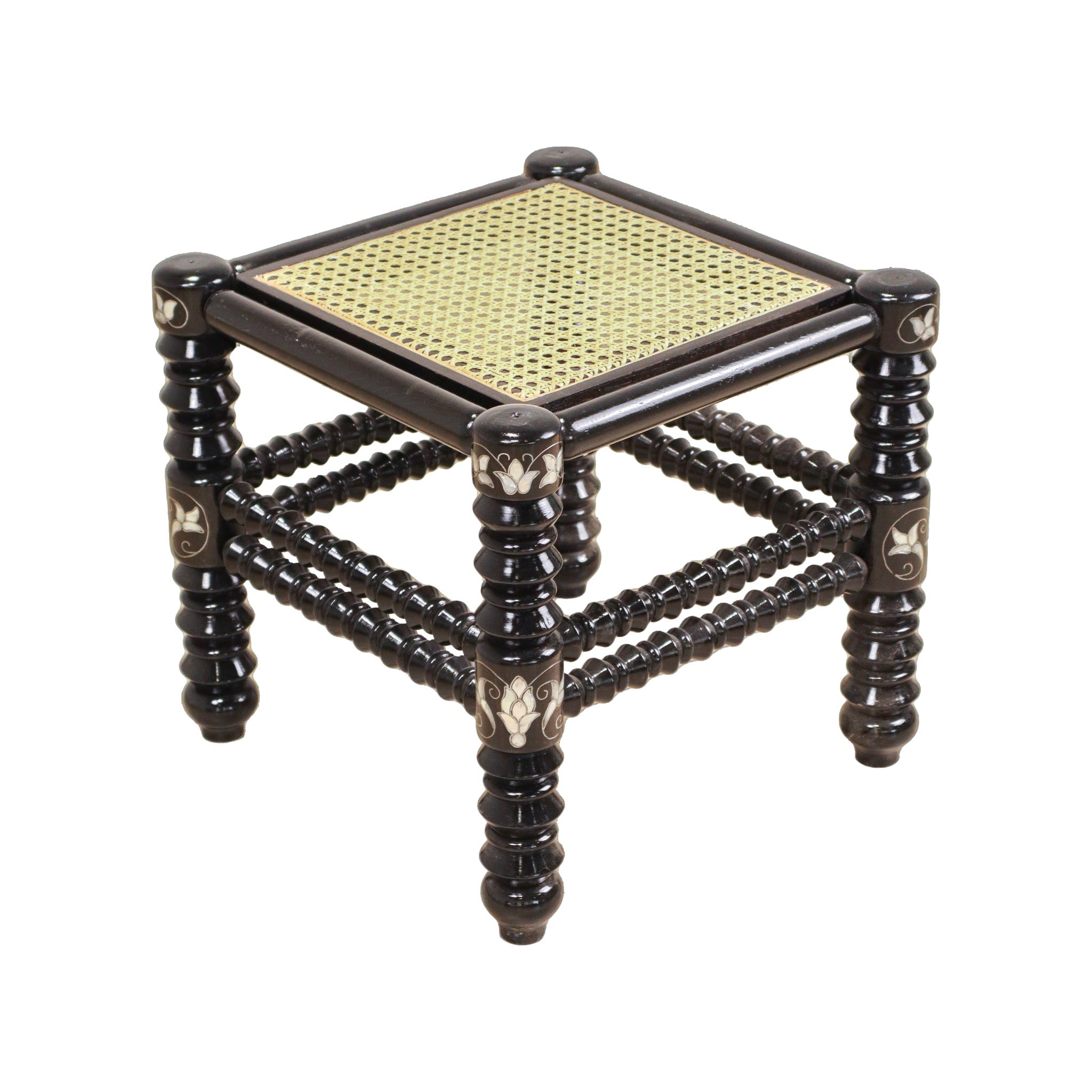 Damascus Small Bamboo Stool with Mother of Pearl Inlay - Dark Walnut - SHAGHAF HOME