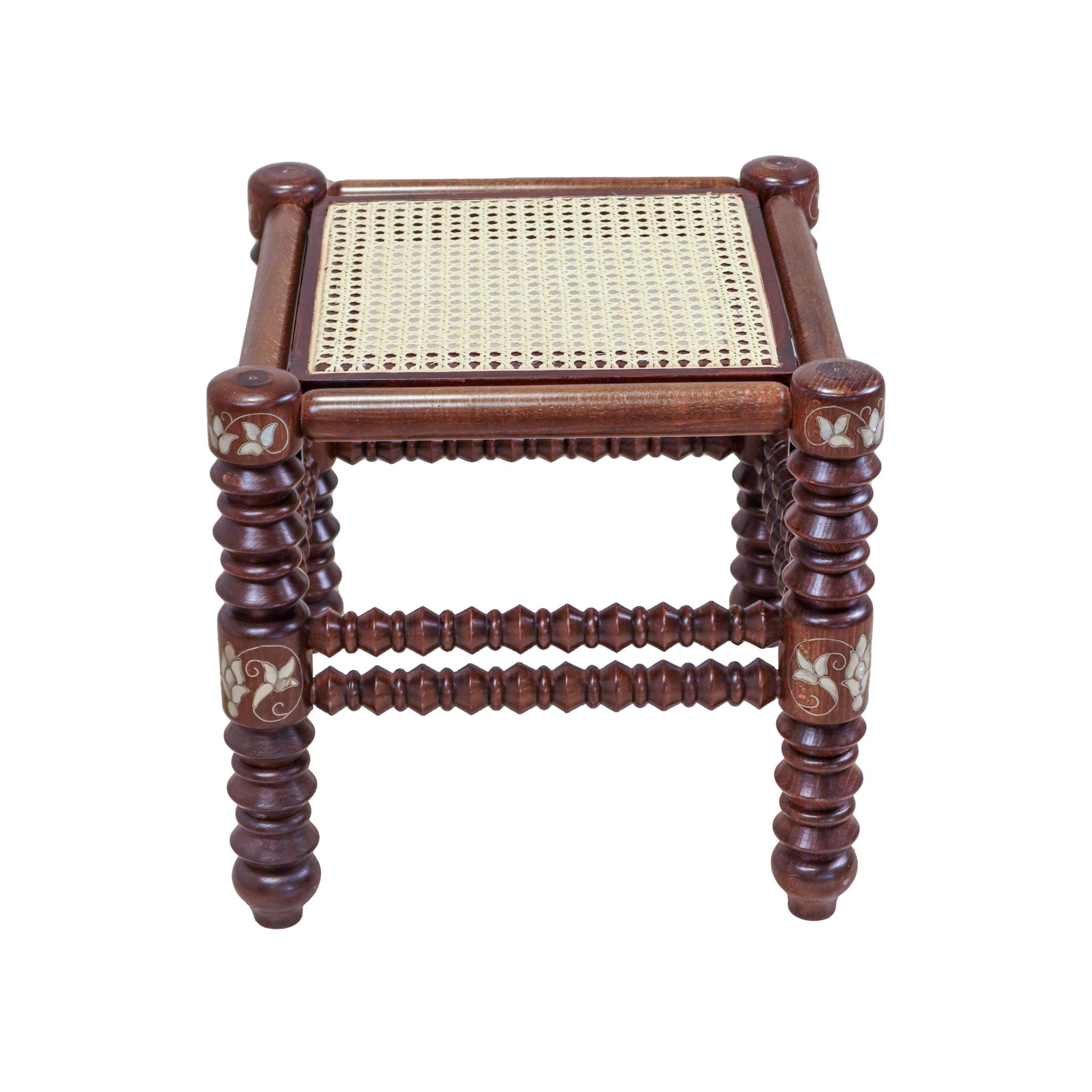 Damascus Small Bamboo Stool with Mother of Pearl Inlay - Walnut - SHAGHAF HOME