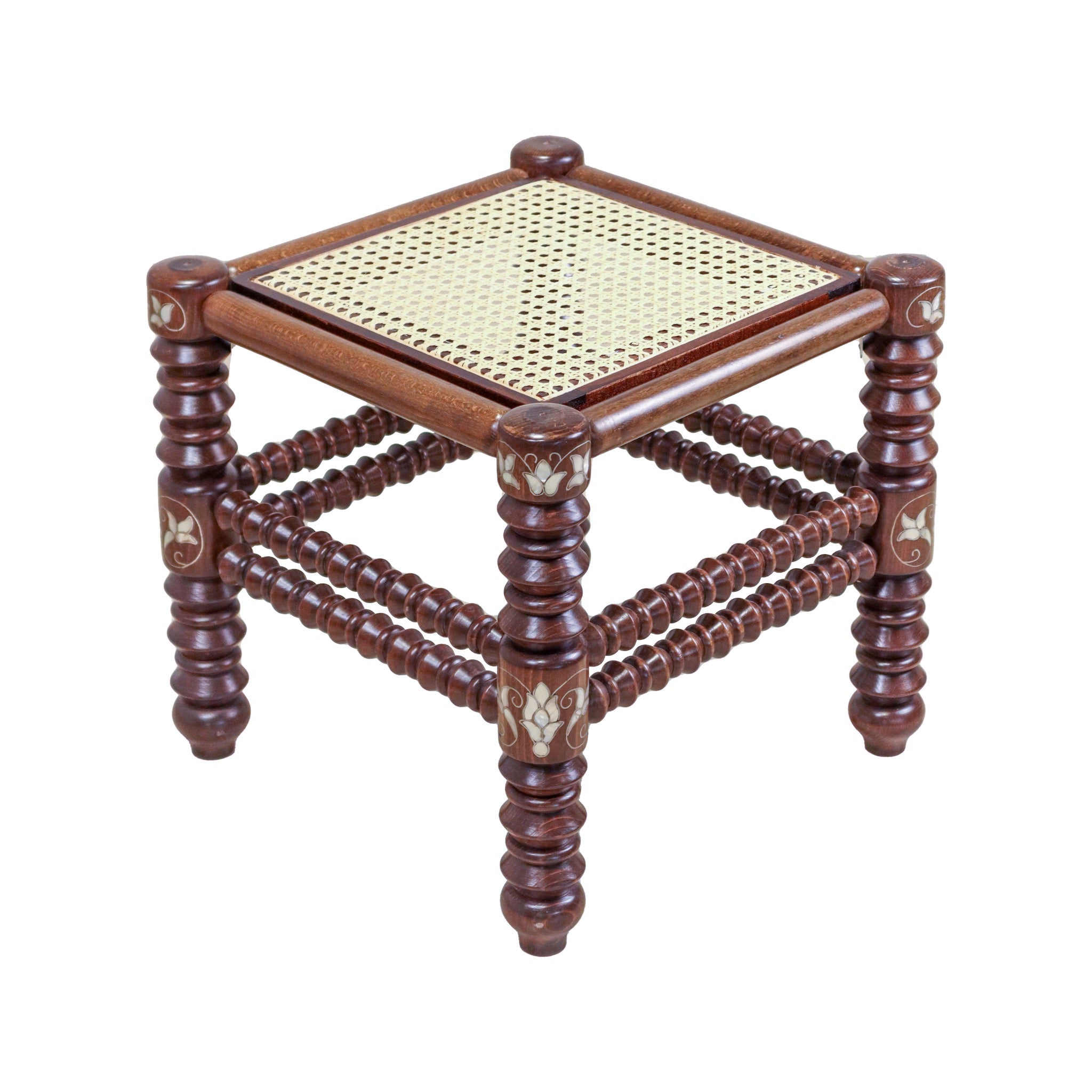 Damascus Small Bamboo Stool with Mother of Pearl Inlay - Walnut - SHAGHAF HOME
