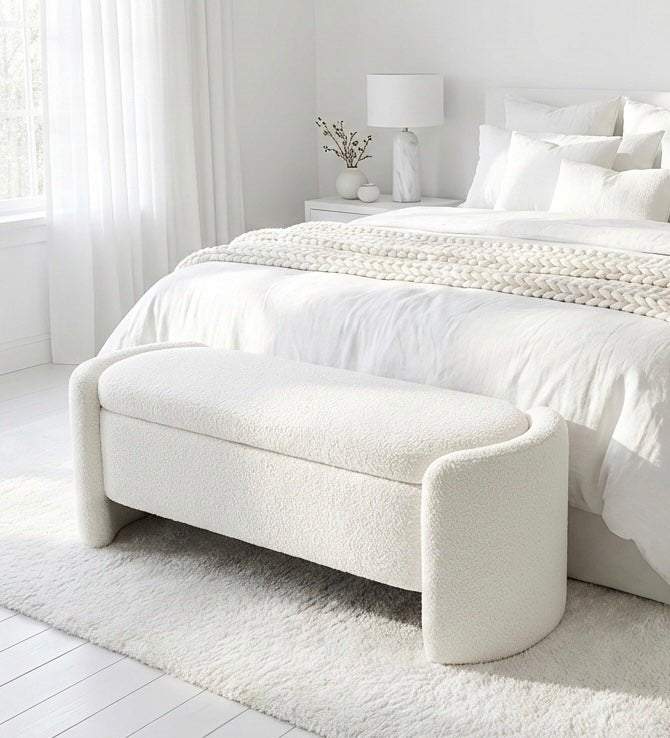 Élan Bouclé Storage Bench – Modern Ottoman with Hidden Compartment - SHAGHAF HOME