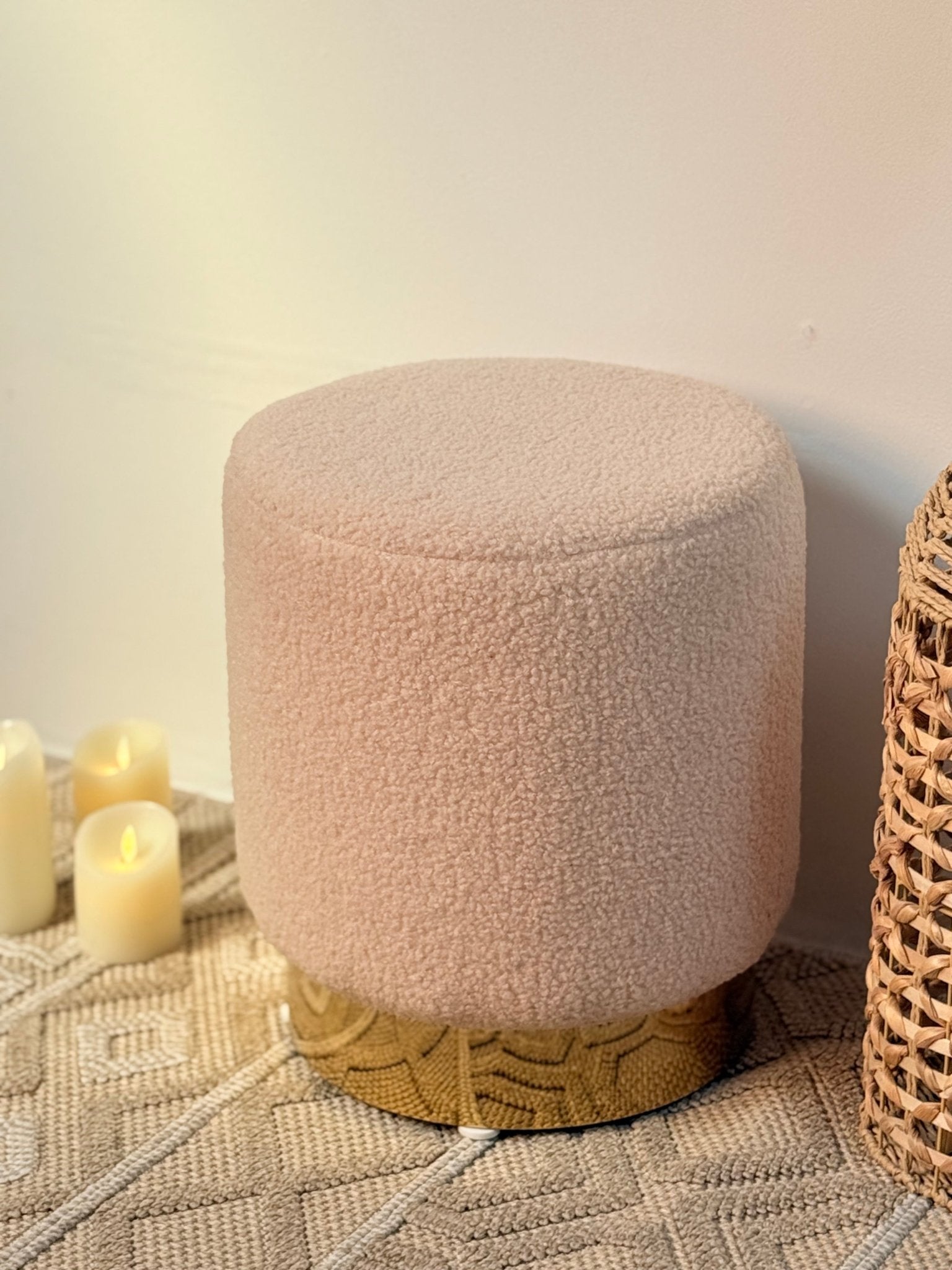 Elegant Bouclé Ottoman with Gold Metal Base – Light Beige - SHAGHAF HOME