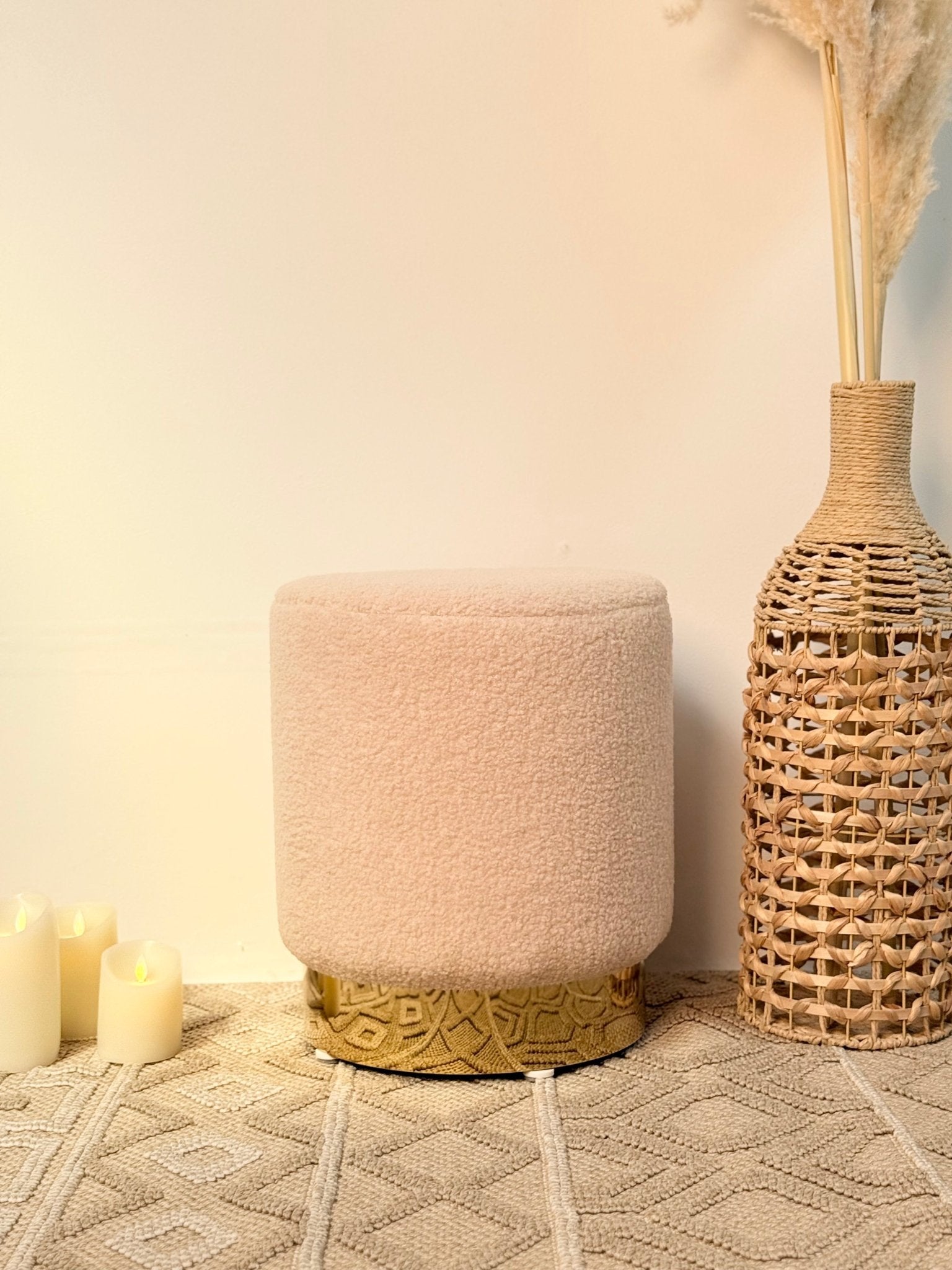 Elegant Bouclé Ottoman with Gold Metal Base – Light Beige - SHAGHAF HOME