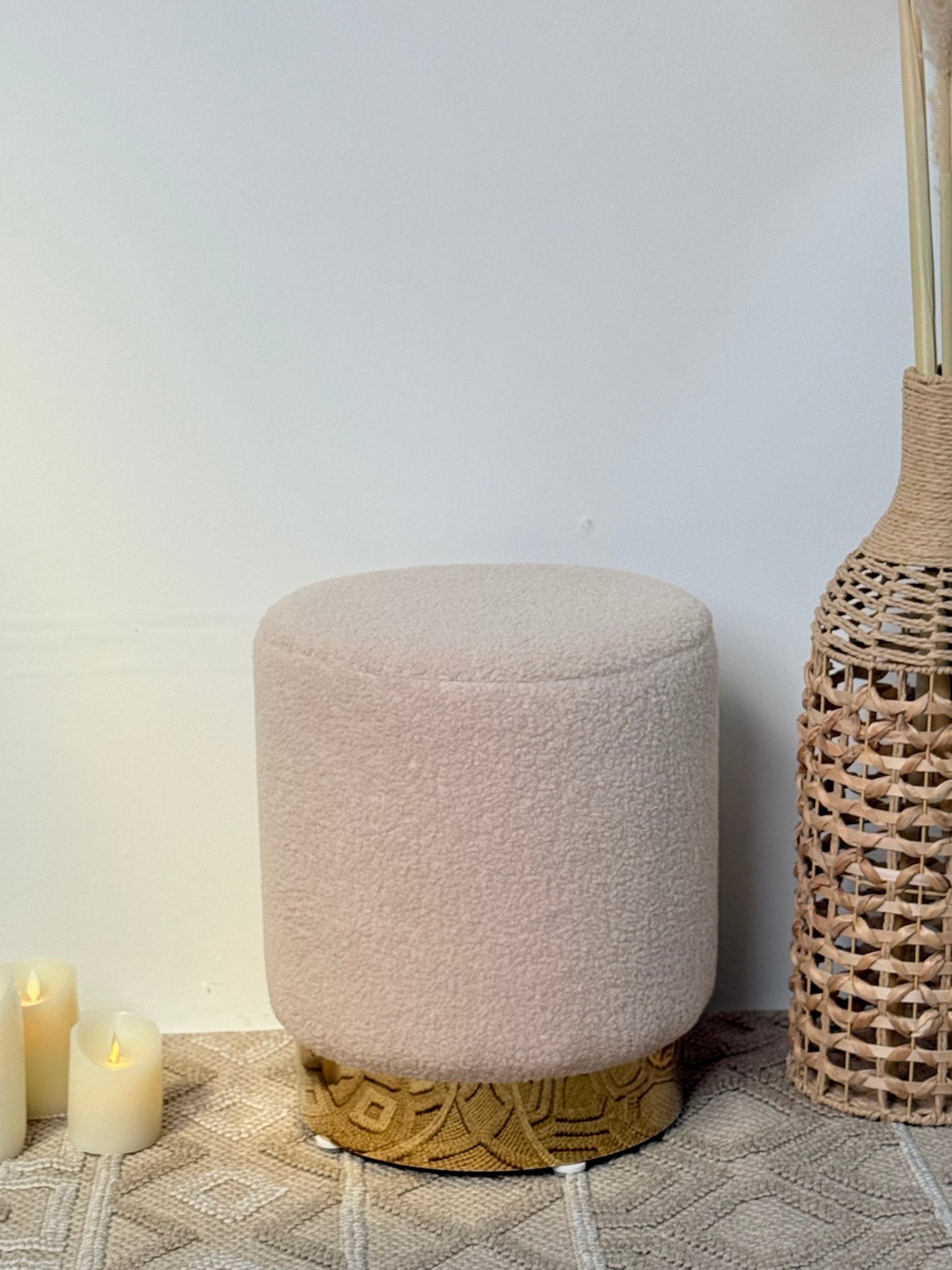 Elegant Bouclé Ottoman with Gold Metal Base – Light Beige - SHAGHAF HOME