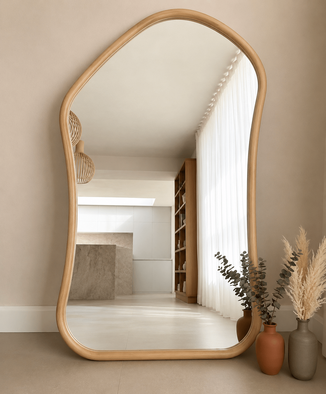 Extra Large Full Length Light Wood Irregular Mirror – 180 x 110 cm - SHAGHAF HOME