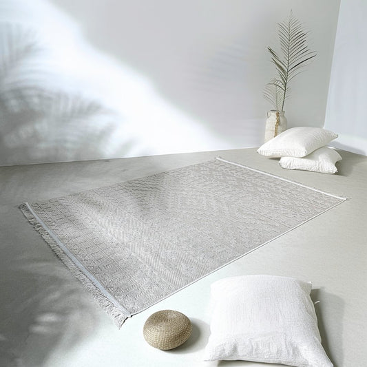 Geometric Diamond Textured Rug – Soft Dove Grey Flatweave with Fringe Detail” - SHAGHAF HOME