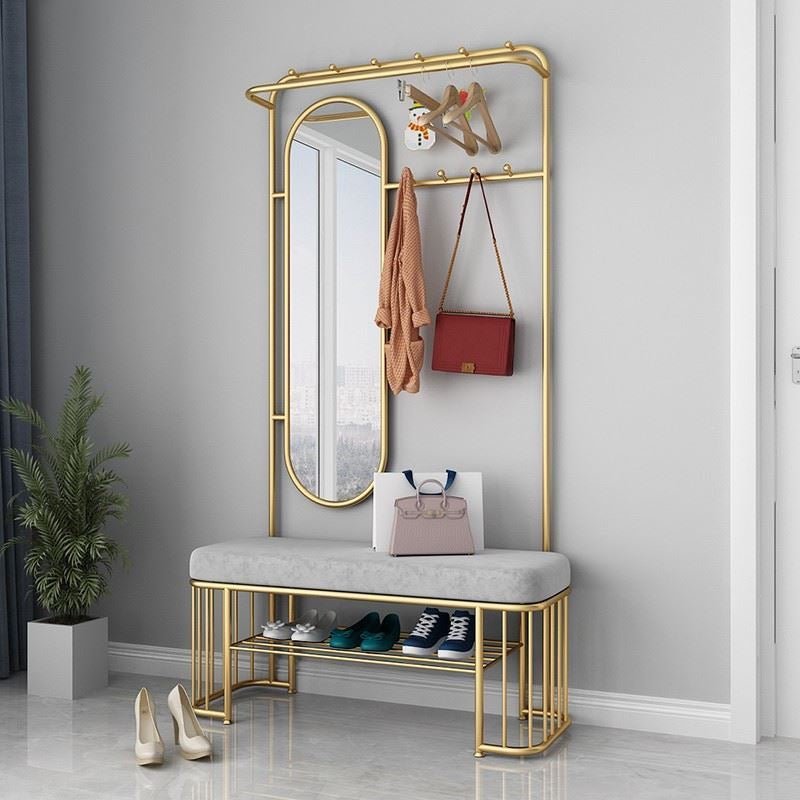 Gold Entryway Coat Rack with Mirror and Bench – Multifunctional Organizer - SHAGHAF HOME