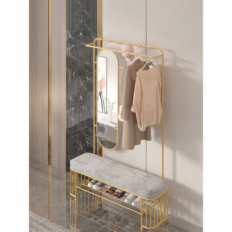 Gold Entryway Coat Rack with Mirror and Bench – Multifunctional Organizer - SHAGHAF HOME