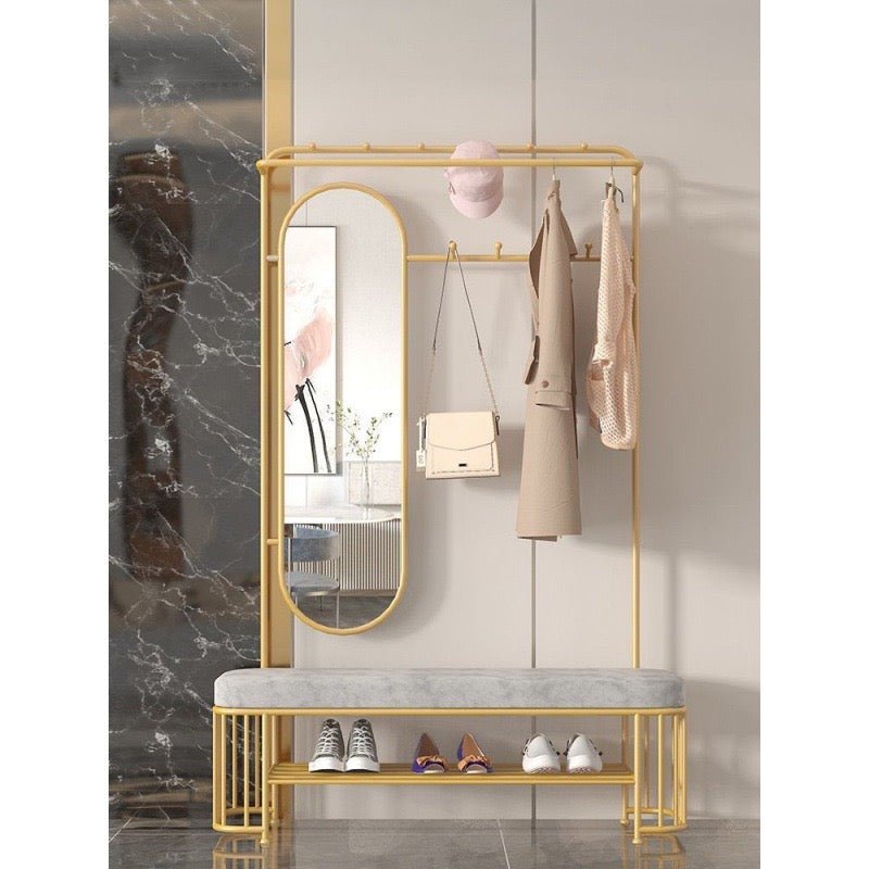 Gold Entryway Coat Rack with Mirror and Bench – Multifunctional Organizer - SHAGHAF HOME