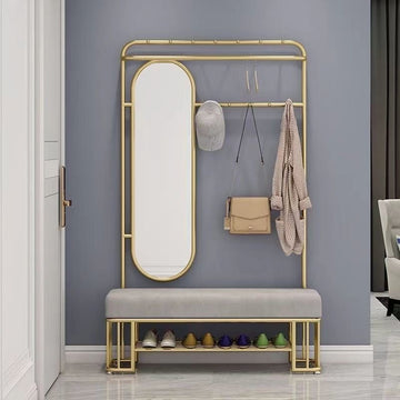 Gold Entryway Coat Rack with Mirror and Bench – Multifunctional