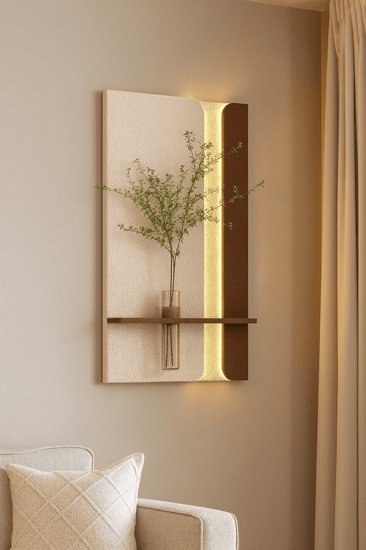Handcrafted Sandstone Wall Art with Glass Vase & Green Plant | LED Backlit Modern Decor - SHAGHAF HOME