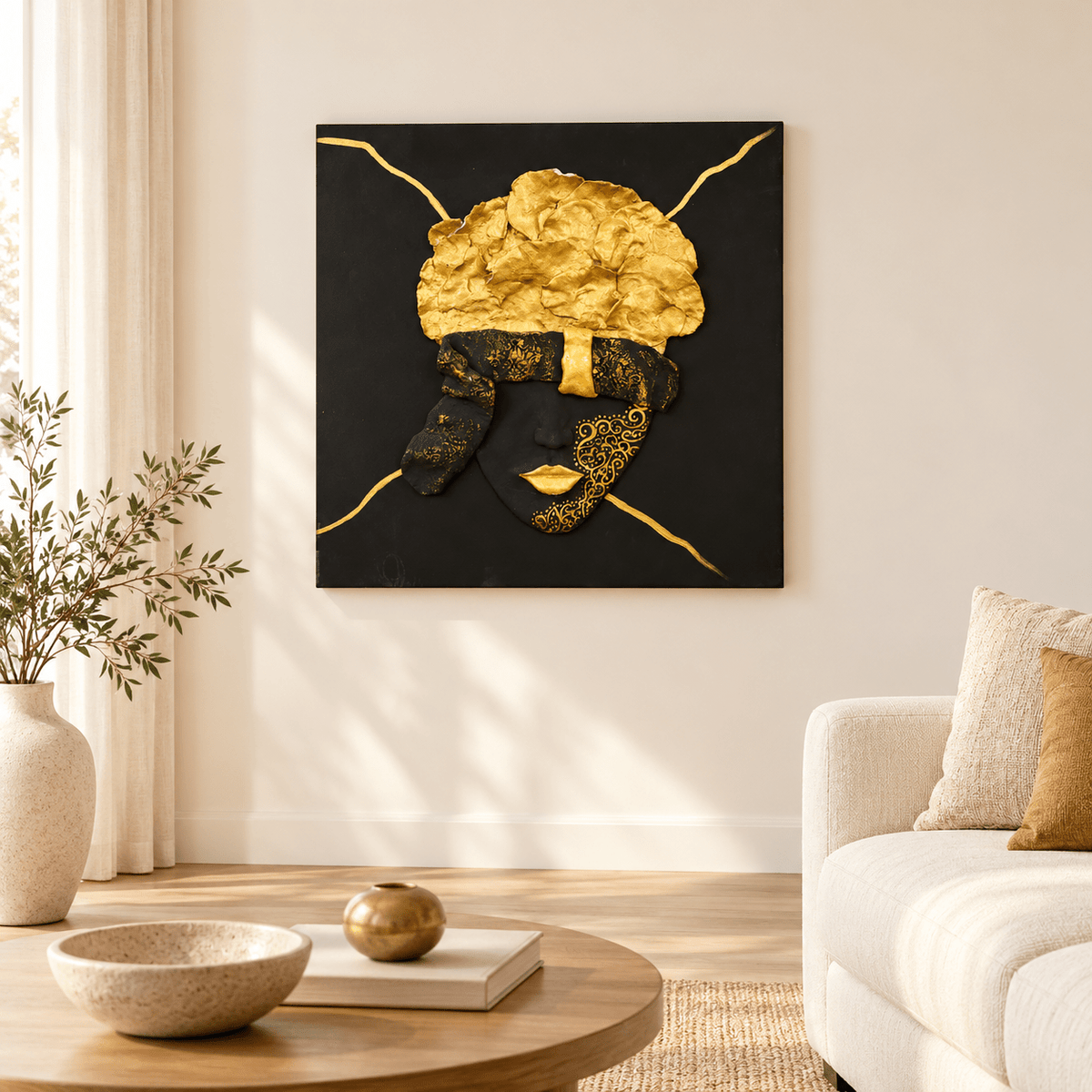 Handmade Black & Gold Blindfolded Face Wall Art 50×50 cm - SHAGHAF HOME
