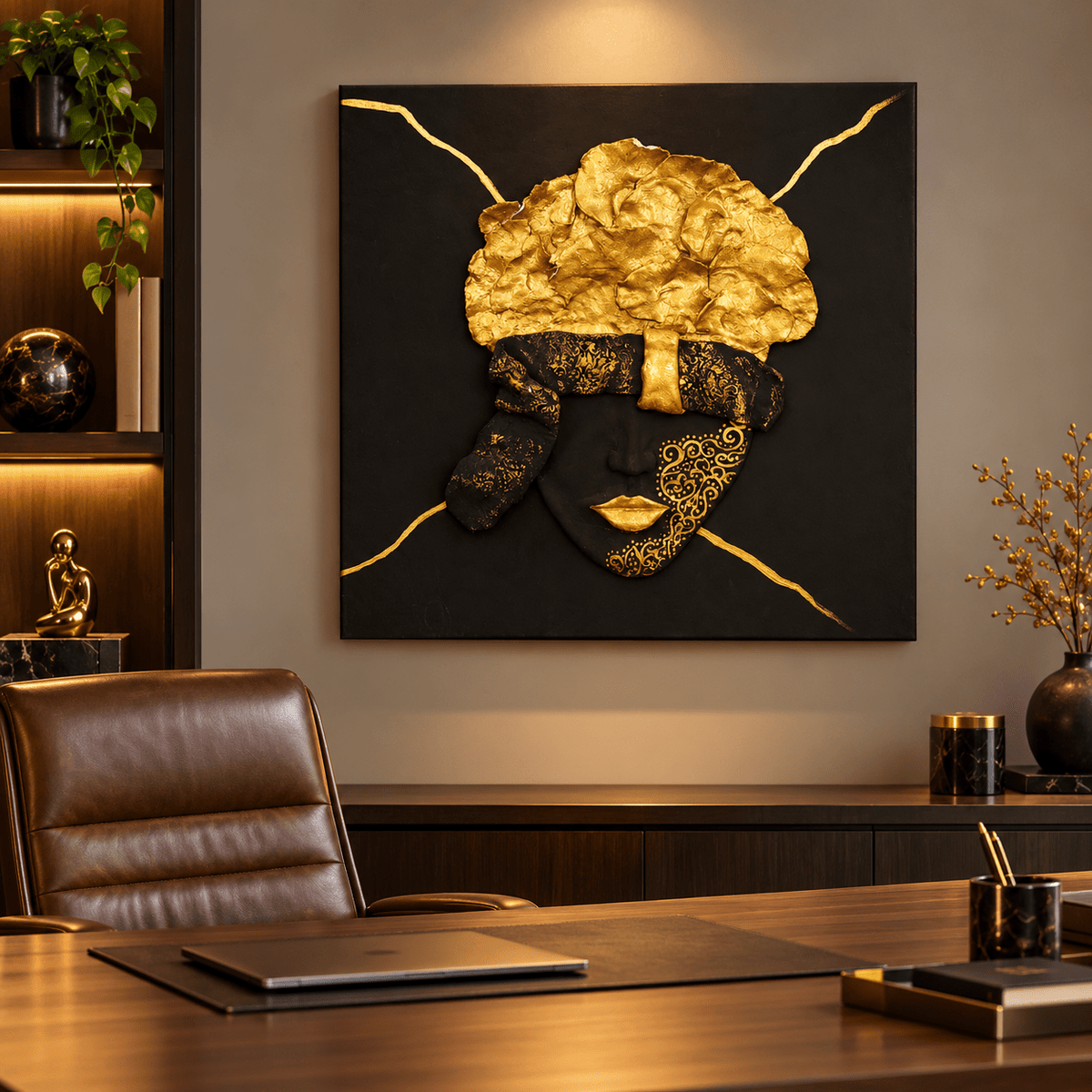 Handmade Black & Gold Blindfolded Face Wall Art 50×50 cm - SHAGHAF HOME