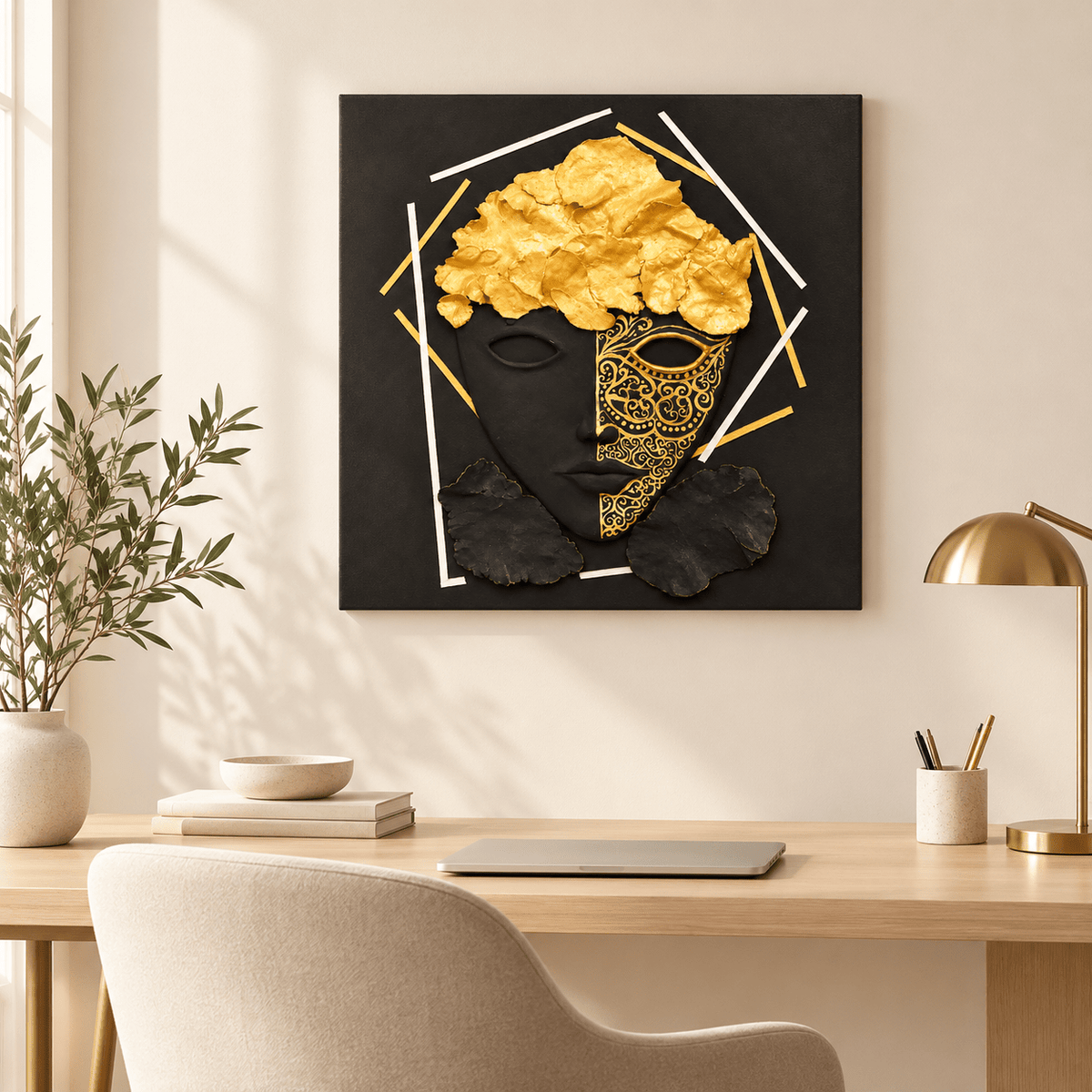Handmade Black & Gold Sculptural Face Wall Art 50×50 cm - SHAGHAF HOME