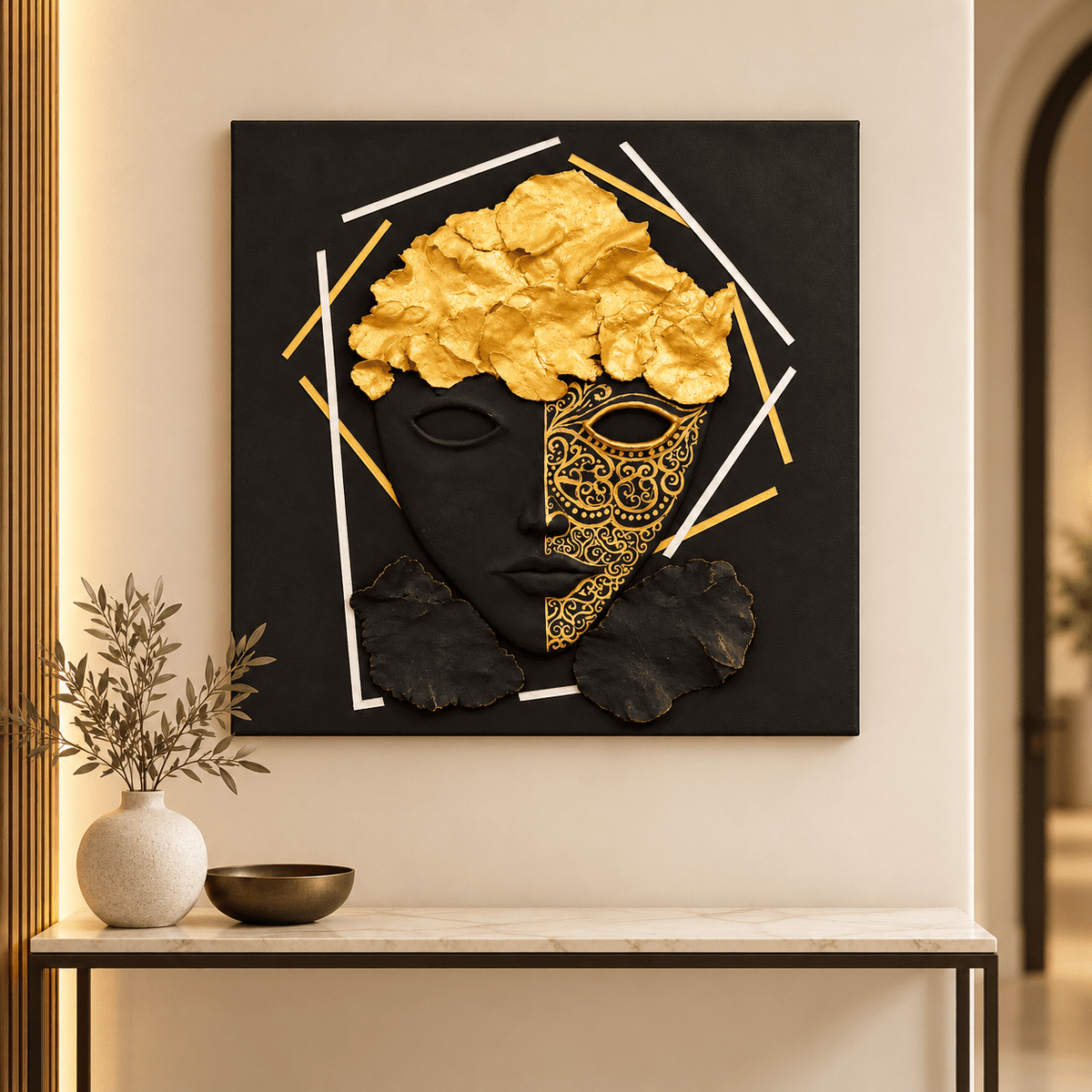 Handmade Black & Gold Sculptural Face Wall Art 50×50 cm - SHAGHAF HOME