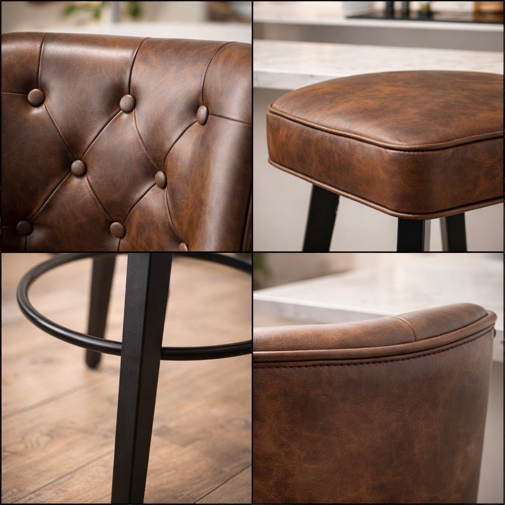 Heritage Luxe Swivel Leather Barstool – Tufted Backrest with Black Metal Base - SHAGHAF HOME