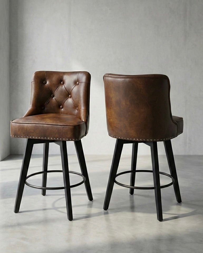 Heritage Luxe Swivel Leather Barstool – Tufted Backrest with Black Metal Base - SHAGHAF HOME