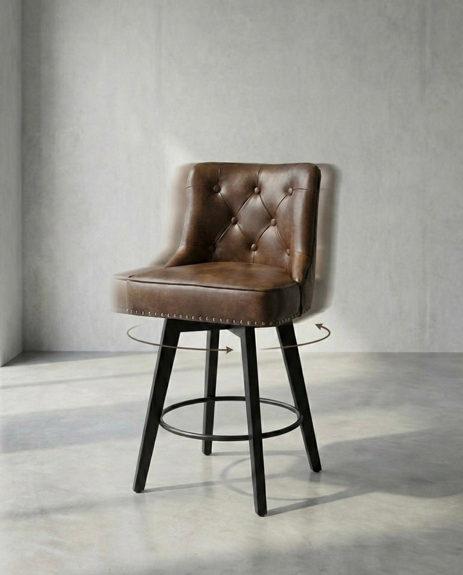 Heritage Luxe Swivel Leather Barstool – Tufted Backrest with Black Metal Base - SHAGHAF HOME