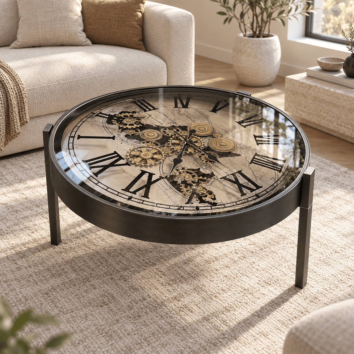 Industrial Metal Coffee Table with Functional Clock Top – 80 cm - SHAGHAF HOME
