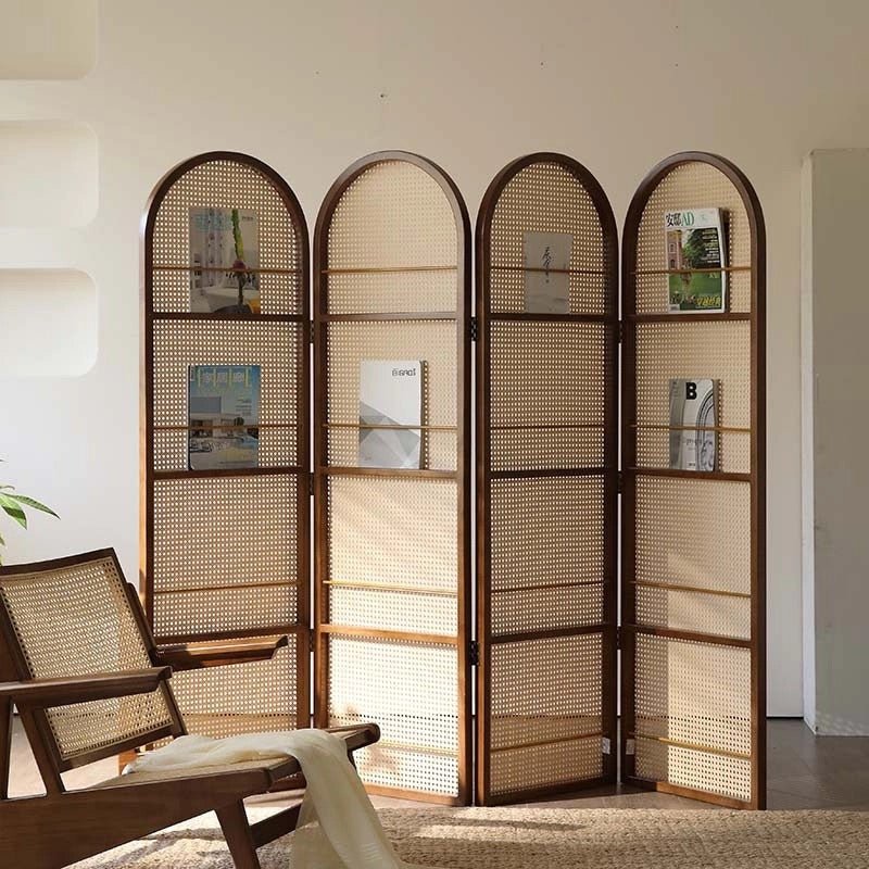 Japanese-Style 4-Panel Rattan Room Divider with Built-in Shelving – El ...