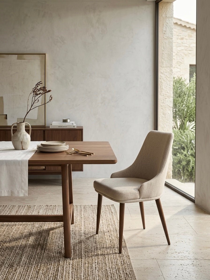 Lume Curve Upholstered Dining Chair – Beige Fabric with Wood - Finish Metal Legs - SHAGHAF HOME